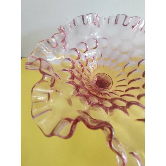 Fenton Peach Pink Glass Footed Bowl Double Ruffled Rim. 7" Tall 8" wide - Picture 7 of 15